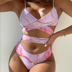 Marble Print Criss Cross Bikini Swimsuit